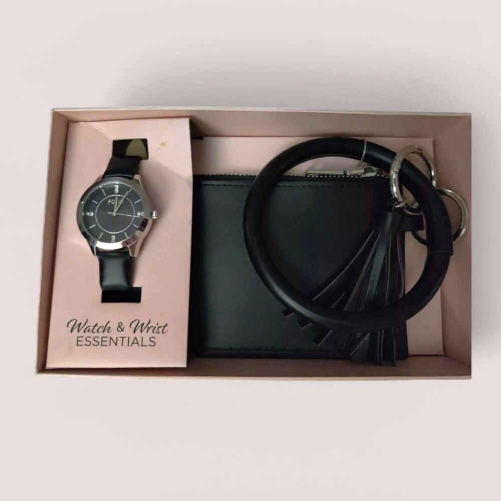 Black and Silver Folio Watch & Matching Wrist Ring Wallet Pouch. Gift Box Set.